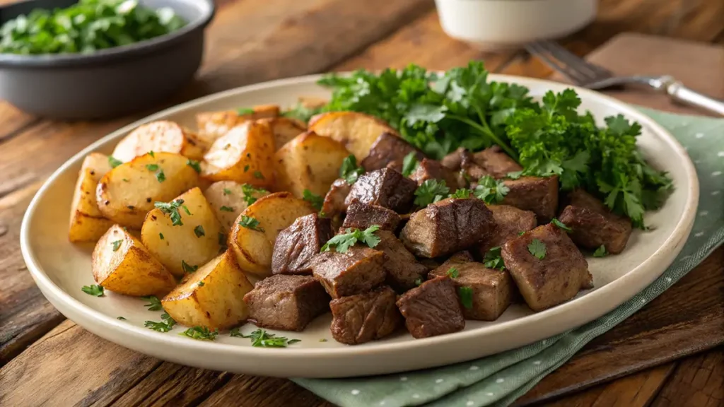 Delicious garlic butter steak bites served with crispy roasted potatoes, garnished with parsley.