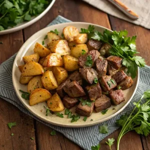 A plate of garlic butter steak bites and potatoes, perfectly roasted and garnished with fresh parsley on a rustic wooden table.