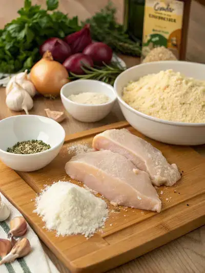 Ingredients for Parmesan Crusted Chicken laid out on a kitchen countertop.
