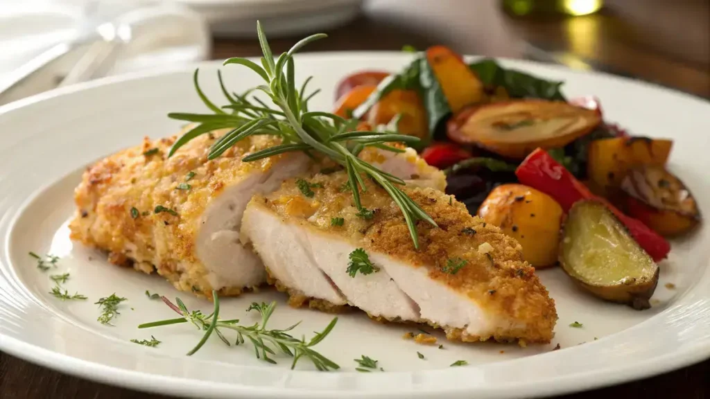 Delicious Parmesan Crusted Chicken served with roasted vegetables.