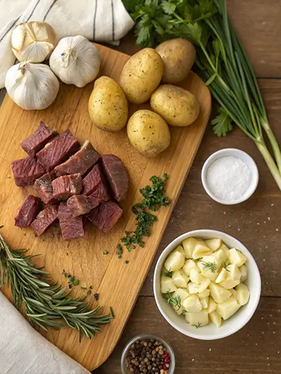 Fresh ingredients for garlic butter steak bites and potatoes laid out on a cutting board.