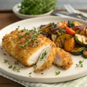 Close-up of crispy Parmesan Crusted Chicken with herbs.