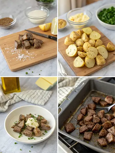 Step-by-step preparation of garlic butter steak bites and potatoes, showing seasoned cubed steak, herbed potatoes, cooked steak bites, and the final plated dish with melted butter and fresh herbs.