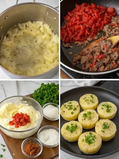 Finished Stuffed Mashed Potato Nests topped with ground beef and red peppers, beautifully plated on a wooden board with fresh herbs.