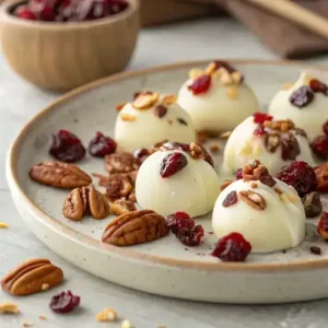 Artfully arranged white chocolate cranberry pecan clusters with natural lighting and a shallow depth of field.