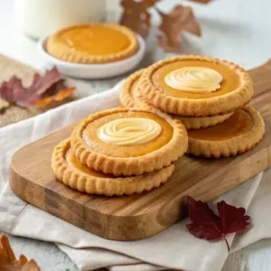 Three sweet potato pie cheesecake cookies on a rustic board, one cookie broken open to reveal creamy layers inside.