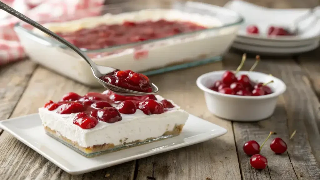 Close-up of a glass baking dish filled with a creamy dessert topped with cherry pie filling, with a silver spoon lifting a bite.