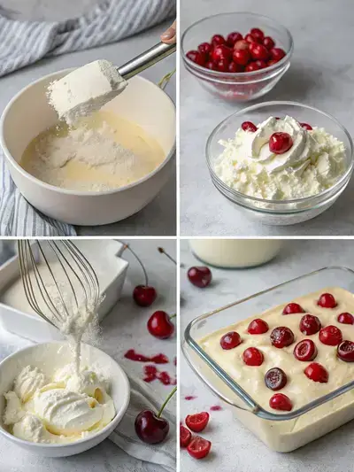A step-by-step visual guide to making Cherries in the Snow, featuring cream cheese, whipped topping, and cherry pie filling layered in a baking dish.
