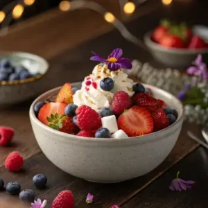 Colorful fruit salad with strawberries, blueberries, and edible flowers in a rustic kitchen setting.