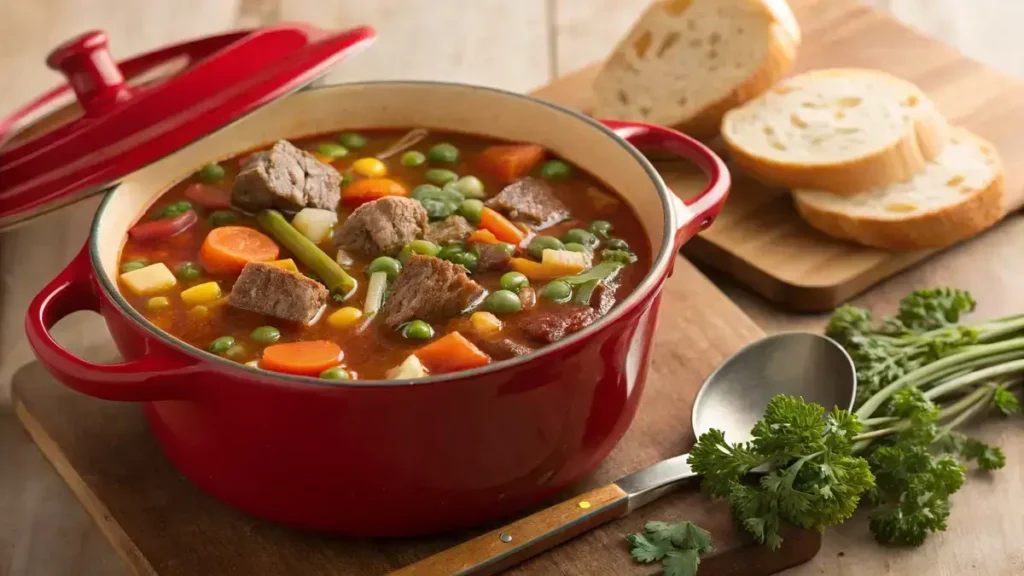 A top-down view of a hearty vegetable and beef soup in a red cast iron pot, surrounded by crusty bread and parsley on a wooden table, showcasing vibrant colors and textures.