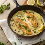Close-up of golden chicken slices in a creamy lemon-caper sauce in a rustic skillet.