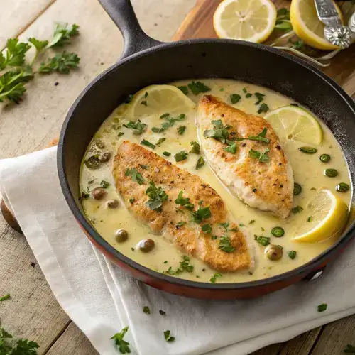 Close-up of golden chicken slices in a creamy lemon-caper sauce in a rustic skillet.