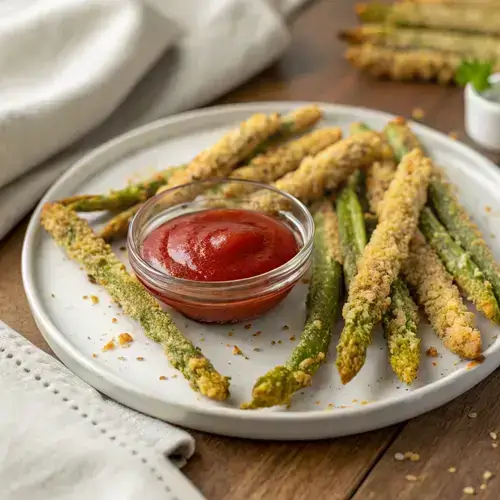 Air-fried asparagus fries arranged in a circular pattern with ketchup in the center.