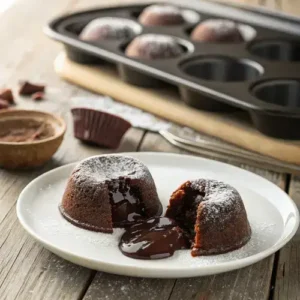 Photorealistic image of a mini lava cake cut open on a plate, showcasing flowing chocolate, with ice cream and syrup nearby.