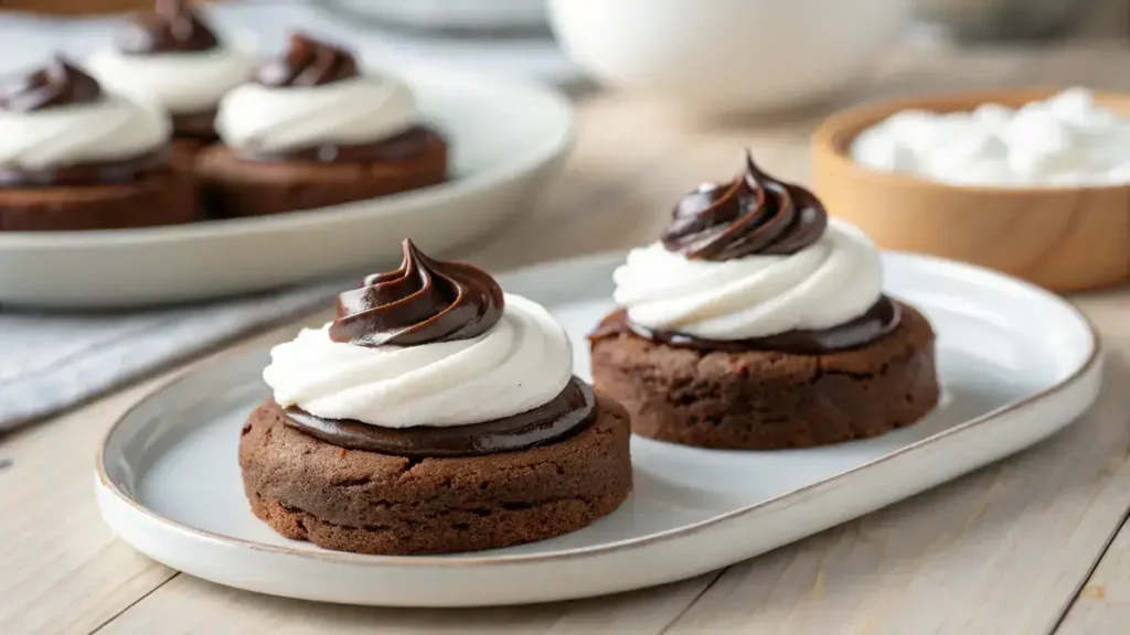 Three rich chocolate cookies with white marshmallow frosting and dark chocolate ganache on a white plate.