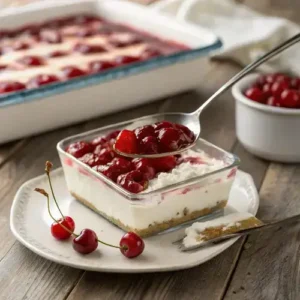 A small white plate with a serving of creamy dessert and cherries, with drips of cherry filling on the plate.