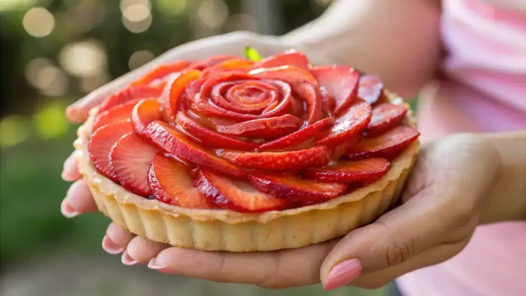 Close-up of hands with pastel pink nails holding a strawberry rose tart with glossy fruit glaze and a pistachio crust.