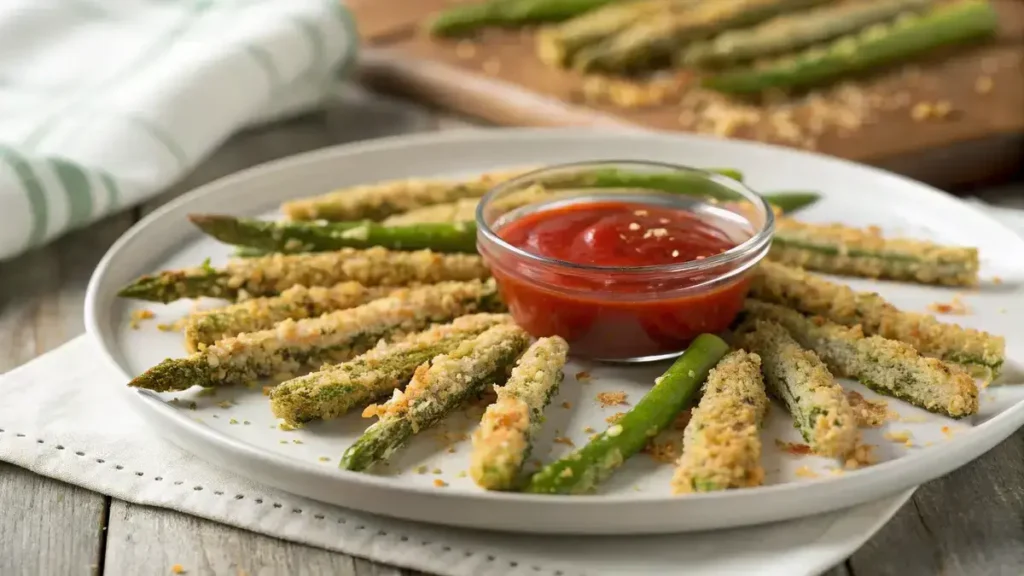 Close-up of golden-brown air-fried asparagus fries on a white plate with ketchup.
