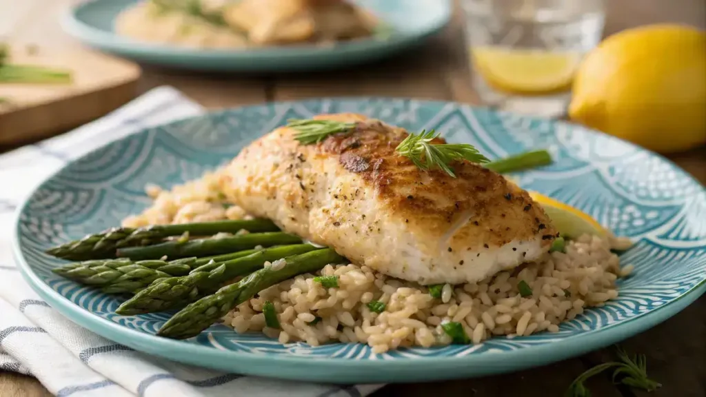 Overhead view of a golden-baked asparagus stuffed chicken breast on brown rice in a blue ceramic plate.