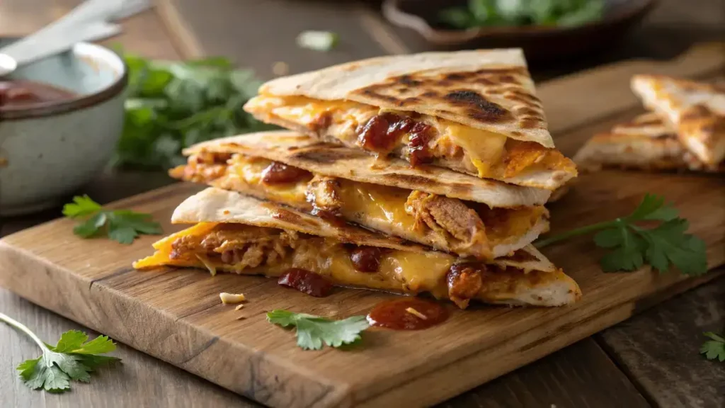 Close-up of BBQ chicken quesadillas with melted cheese and barbecue sauce on a wooden board.