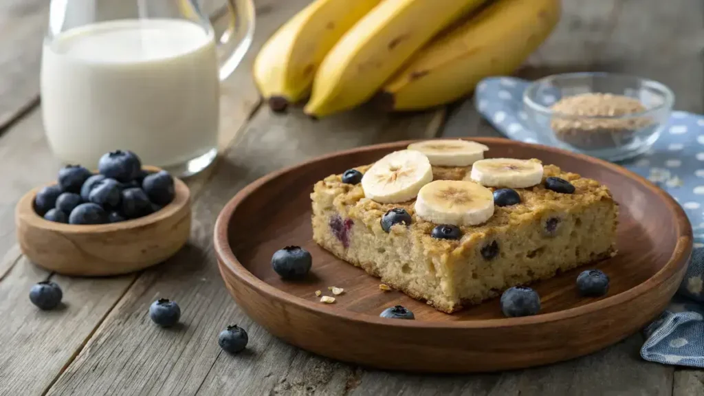 Close-up of a golden baked oatmeal square with blueberries and banana slices on a rustic wooden plate.