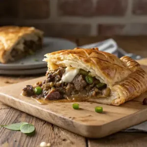 Close-up of a brisket pot pie slice with a golden crust and creamy filling on a rustic wooden board.