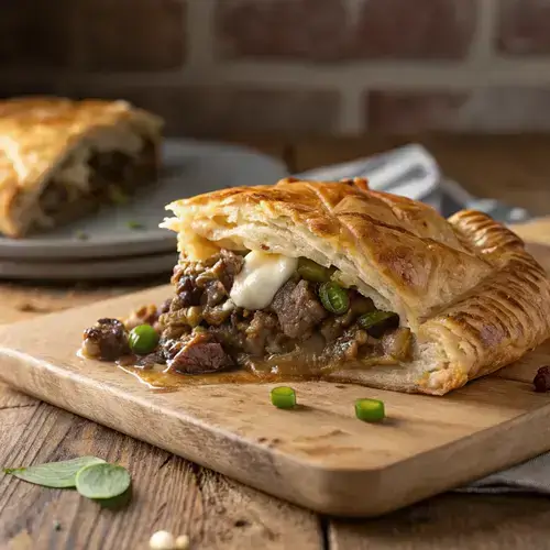 Close-up of a brisket pot pie slice with a golden crust and creamy filling on a rustic wooden board.