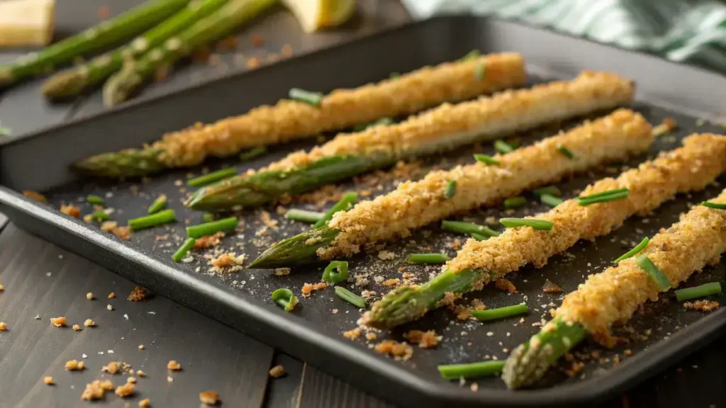Golden crispy Parmesan-coated asparagus sticks on a dark baking tray, garnished with chives.