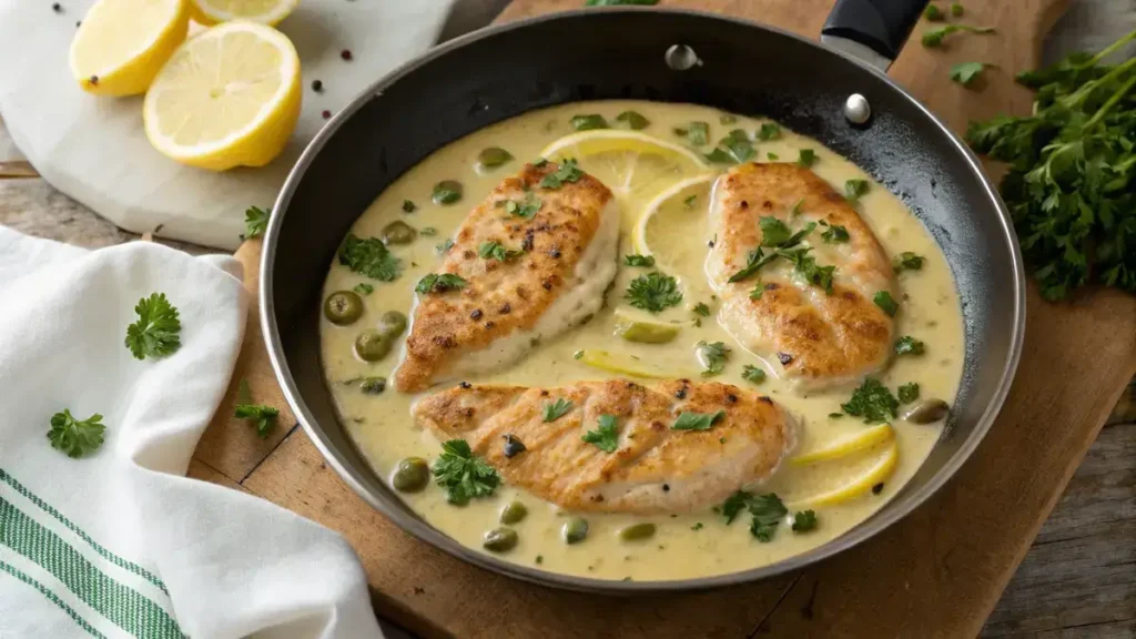 Skillet of Easy Chicken Piccata with creamy lemon-caper sauce and garnished with lemon wedges and parsley.