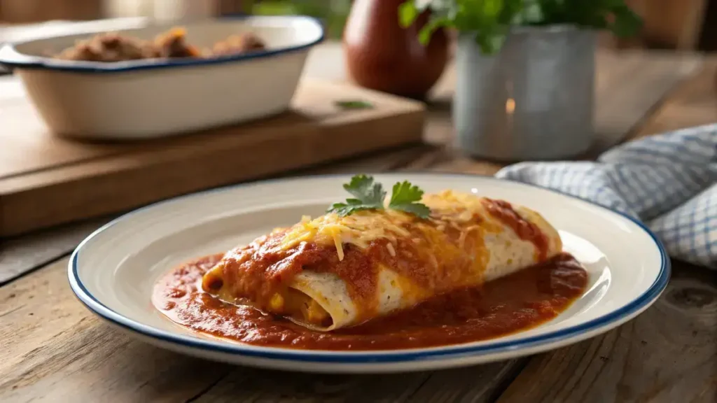 Close-up of an enchirito on a white plate with red enchilada sauce and melted cheese, garnished with cilantro.