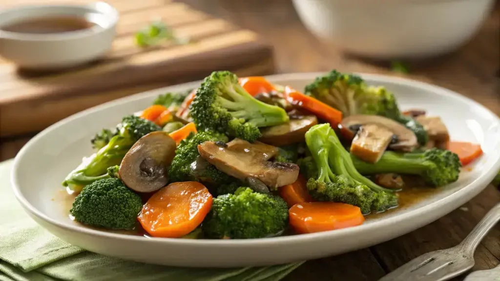 Close-up of garlic butter stir-fried vegetables including broccoli, carrots, and mushrooms on a white plate.