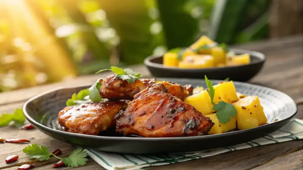 Close-up of honey pineapple grilled chicken with pineapple chunks on a black plate.