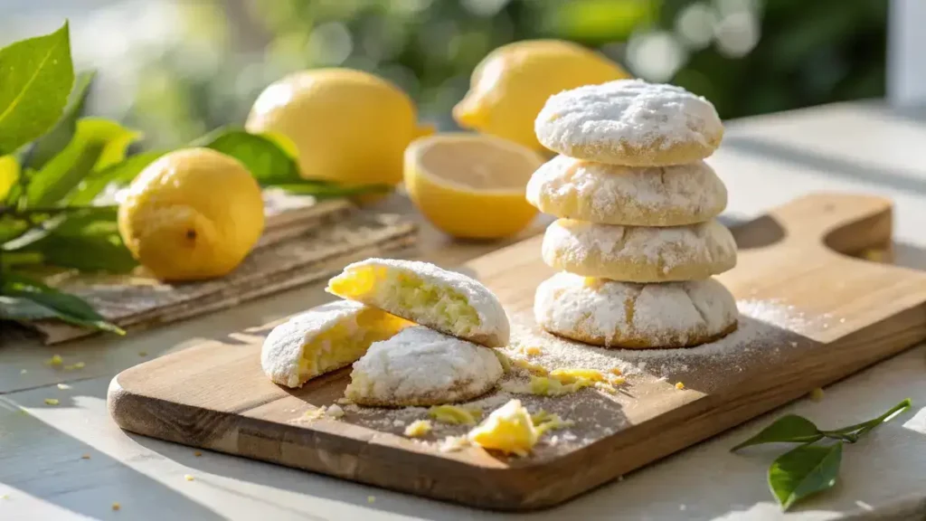 Close-up of lemon cooler cookies dusted with powdered sugar on a rustic wooden board, surrounded by fresh lemons and green leaves.