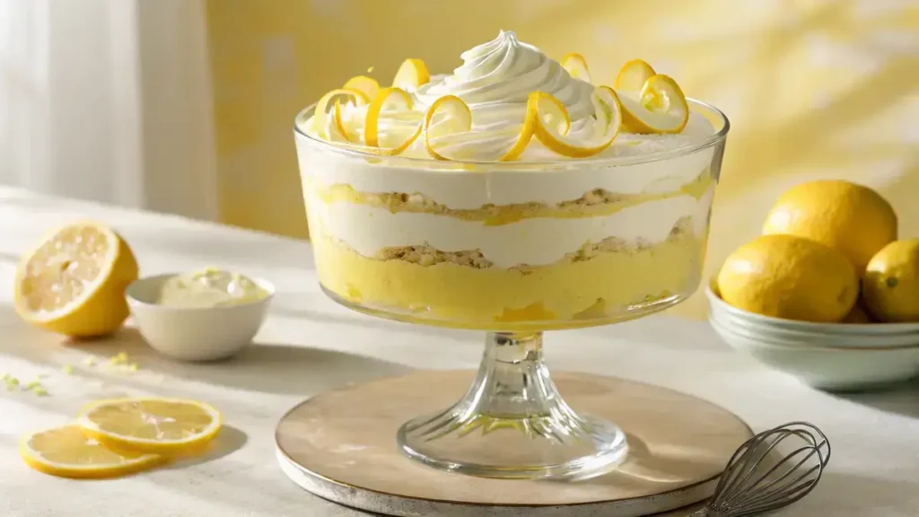 Close-up of a lemon trifle in a glass dish, showcasing layers of lemon pudding and whipped cream, topped with lemon slices.