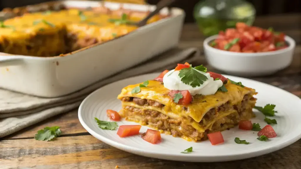 Close-up of a slice of Mexican lasagna on a white plate, showcasing melted cheese and fresh toppings.