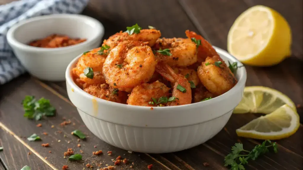 Close-up of a white ceramic bowl filled with Old Bay shrimp, garnished with parsley and lemon wedges on a wooden tabletop.
