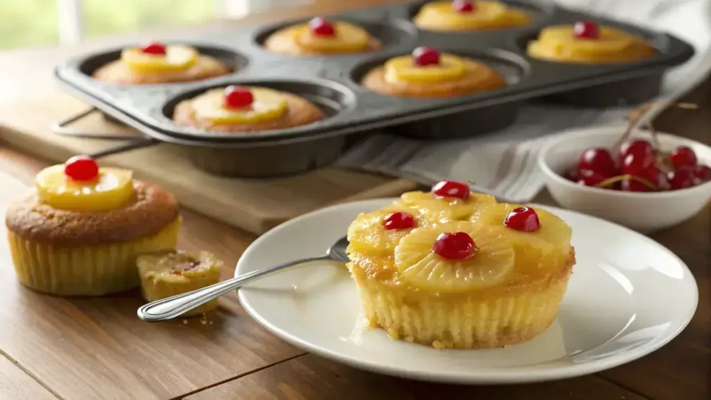 Close-up of pineapple upside down cupcakes with glazed pineapple rings and cherries on a white plate.