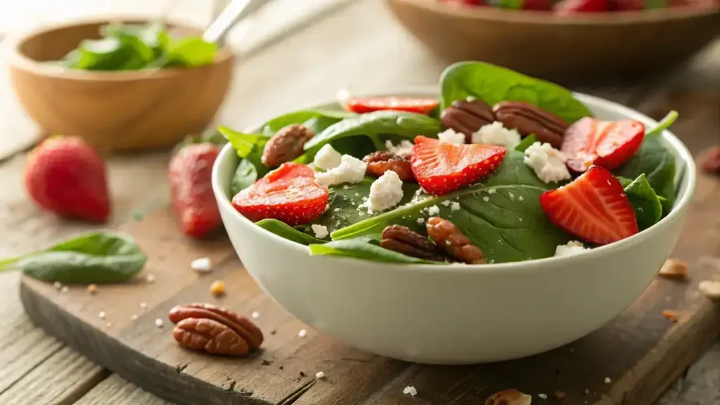 Close-up of a vibrant Strawberry Spinach Salad featuring fresh spinach, heart-shaped strawberry slices, caramelized pecans, and goat cheese in a white bowl.