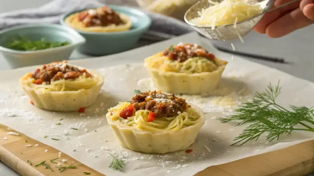 Close-up of stuffed mashed potato nests filled with ground beef and topped with cheese, garnished with dill.