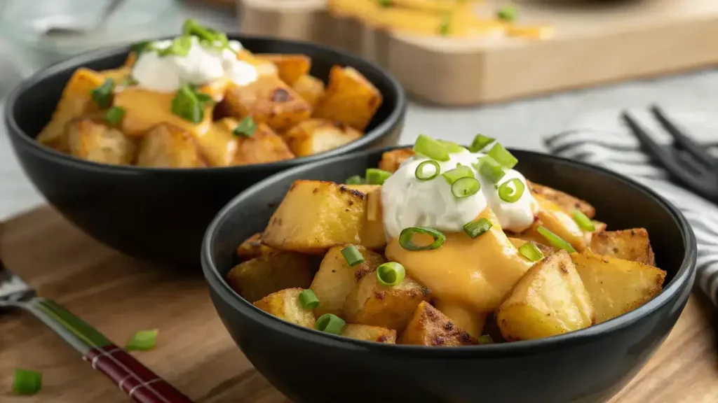 Close-up of two black bowls filled with Taco Bell Fiesta Potatoes, topped with cheese sauce, sour cream, and green onions.