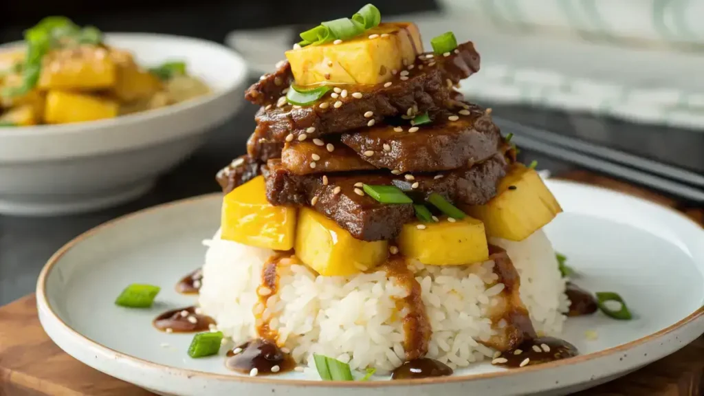 Close-up of a teriyaki beef and pineapple rice bowl with glossy beef slices, pineapple chunks, and fluffy rice on a white plate.