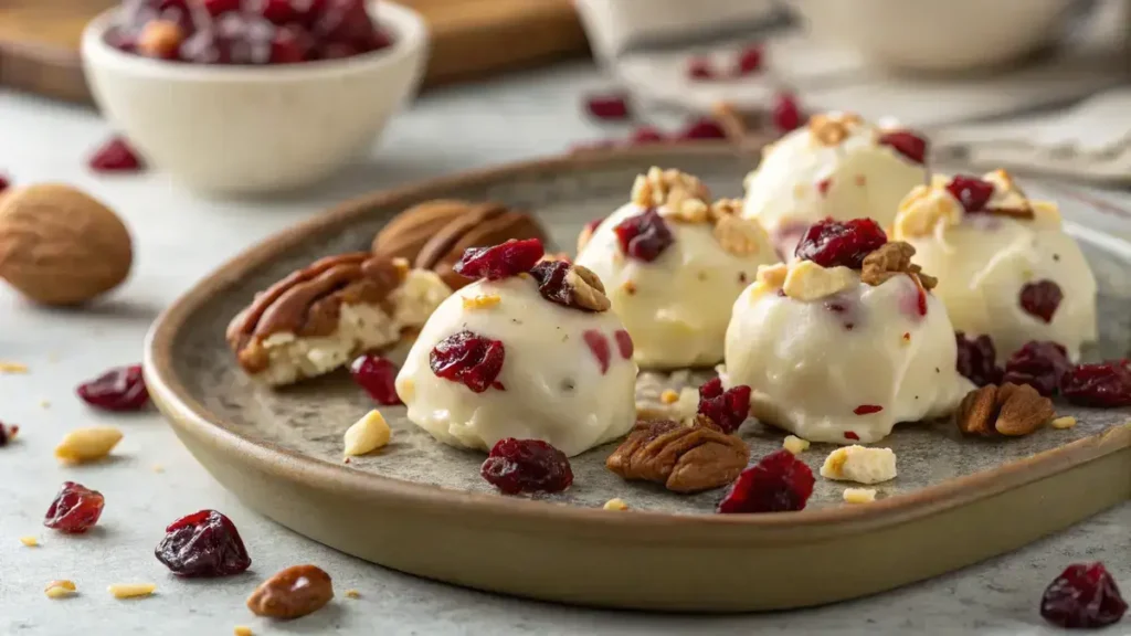 Close-up of white chocolate cranberry pecan clusters on a rustic plate, highlighting the glossy texture and vibrant colors.