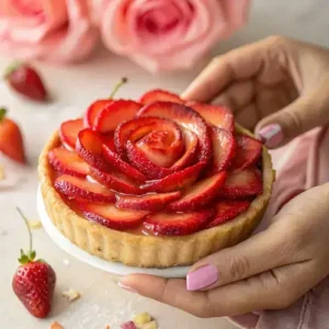 Two hands gently holding a strawberry rose tart, featuring layers of sliced strawberries and a buttery crust.
