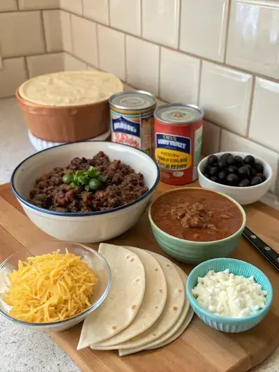 Ingredients for Enchirito displayed on a kitchen table, including ground beef, refried beans, tortillas, and cheese.