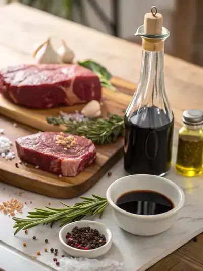 Ingredients for a steak marinade displayed on a kitchen table, including steak, balsamic vinegar, soy sauce, olive oil, garlic, rosemary, and seasoning.