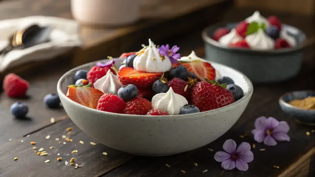 Close-up of a festive red, white, and blue fruit salad featuring strawberries, blueberries, raspberries, and whipped cream in a gray bowl.