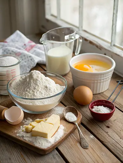 Ingredients for making fluffy pancake including flour, eggs, butter, milk, and baking powder on a rustic wooden surface by a sunlit window.
