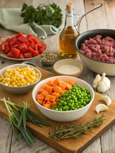Fresh ingredients for a cozy soup displayed on a rustic wooden table, including vegetables, ground beef, and herbs.