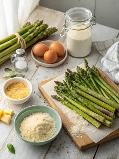 Fresh ingredients for crispy Parmesan asparagus sticks on a rustic kitchen table.