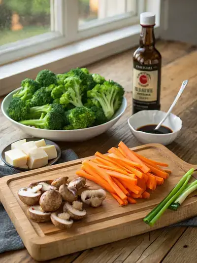 Fresh ingredients for Garlic Butter Stir-Fried Vegetables including broccoli, carrots, mushrooms, garlic, and butter on a wooden table.